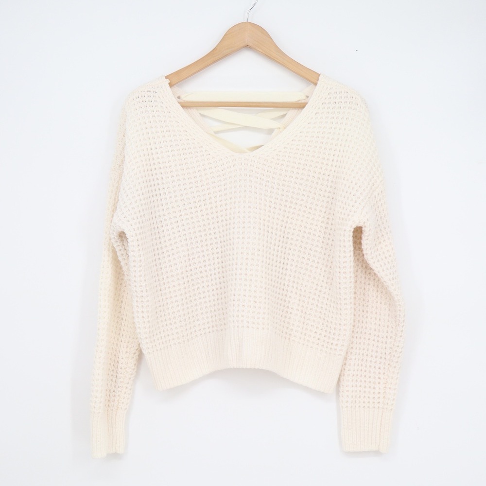 No Comment NY-LA Cream Waffle Knit Lace Up Back V-Neck Sweater Womens M